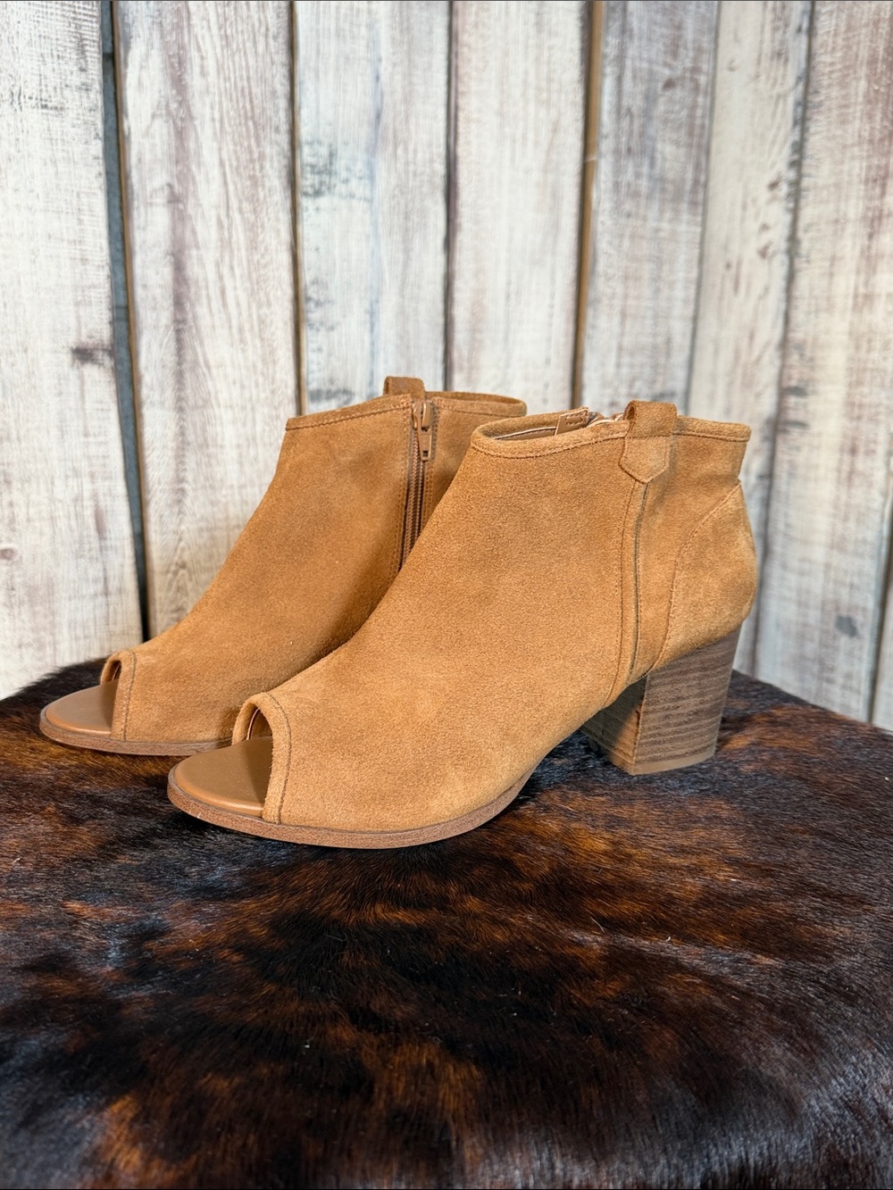 Aldo Tan Suede Peep-Toe Block Heel Ankle Boots